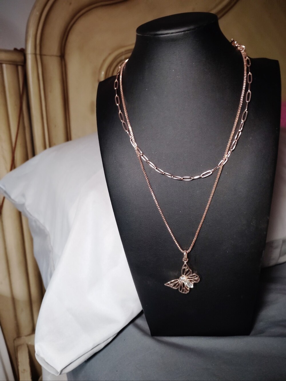 Rose Gold Tone Layered Butterfly Necklace & Earrings Set NWT
